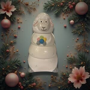 Ceramic Sheep Cookie Jar with Yarn Balls • Farmhouse Cottage Kitchen Decor